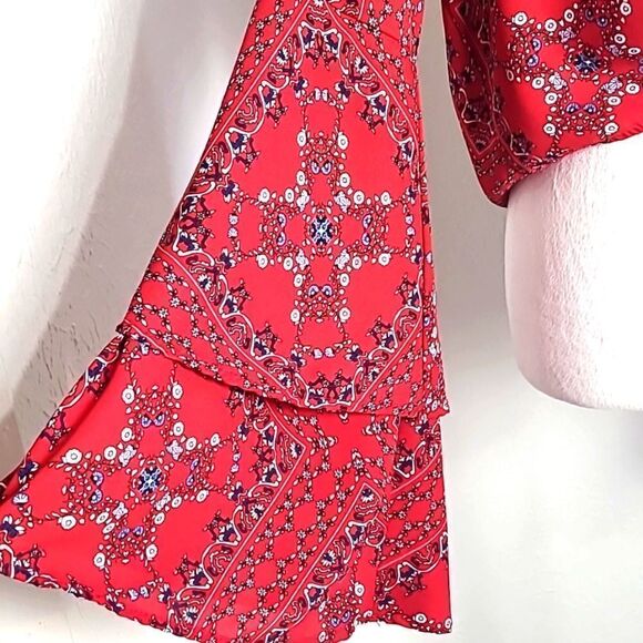 Altar'd State Red Printed Crop-top with Wide Layered Bell Sleeves, Size Medium - Picture 6 of 9